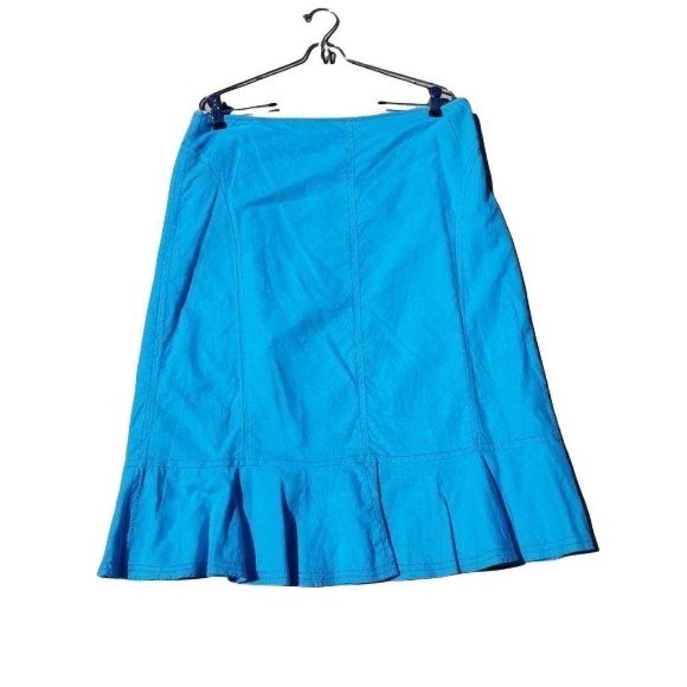 90's Sag Harbor Linen Eyelet Lace Midi Ruffle‎ Hem Trumpet Skirt Blue Sz 14